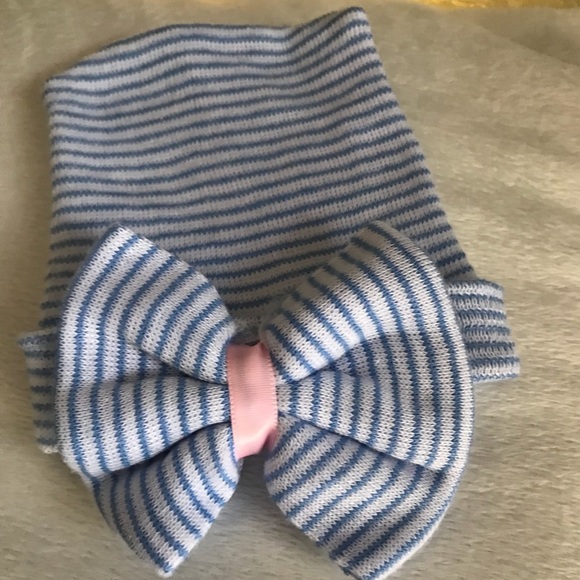 Newborn Baby Girl Big Bow Blue Pink Beanie Hat - Picture 3 of 6